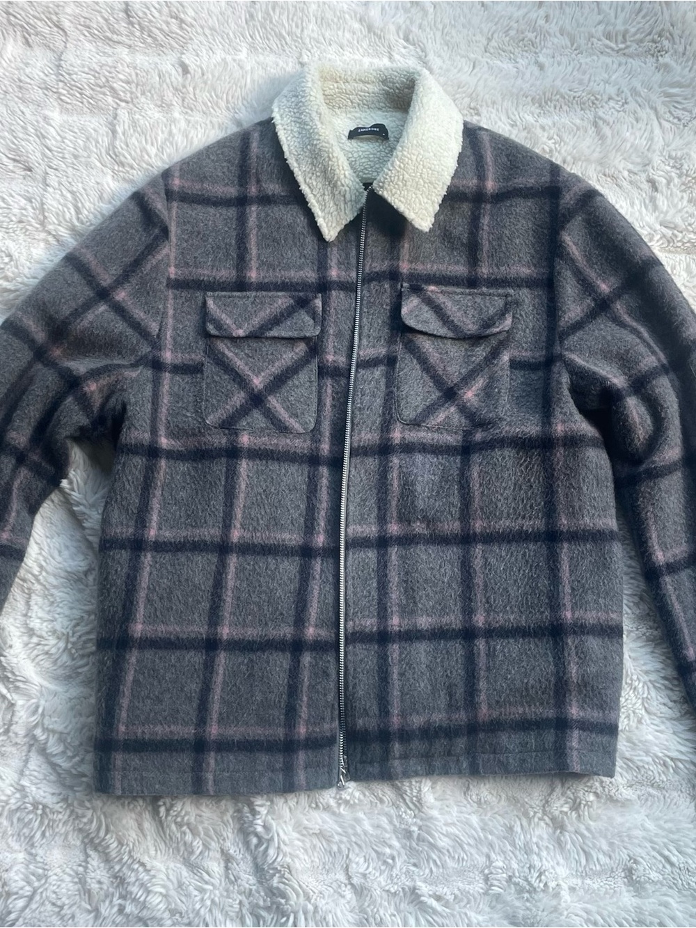 Men’s Zanerobe Sherpa Collar Gray Plaid Zip Jacket